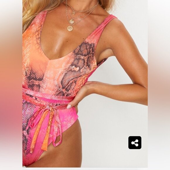 PrettyLittleThing One Piece Swimsuit Monokini Pink Orange Bright Snake Animal - Picture 12 of 14